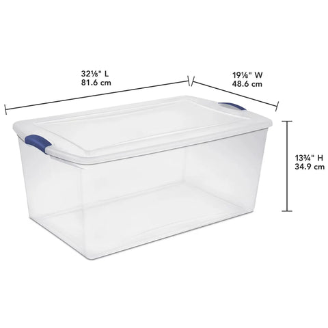 Super Size 105 Quart Clear Plastic Storage Bin With Blue Latching Lid For Big Hauls And House Decluttering, showing dimensions and design.