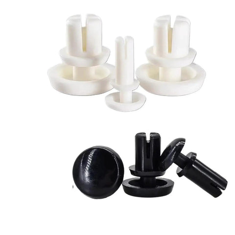 Snap On Nylon Rivet Push Pins With Legit Grip Quick Lock Setup For Thin Panels And Trim Wear Resistant Shock Proof Build Easy Hand Press Installation No Tools Needed Tool Free Removal White Black, showcasing white and black push pins.