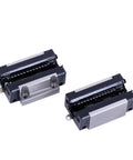 Precision Linear Motion Guide Slider Featuring Rock Solid Square Flange Construction And Sweet Glide Action Built Tough For Hefty Diy Cnc Rigs and Professional Machine Tool Jobs Straight Up Reliable, showing two units with steel and plastic components.