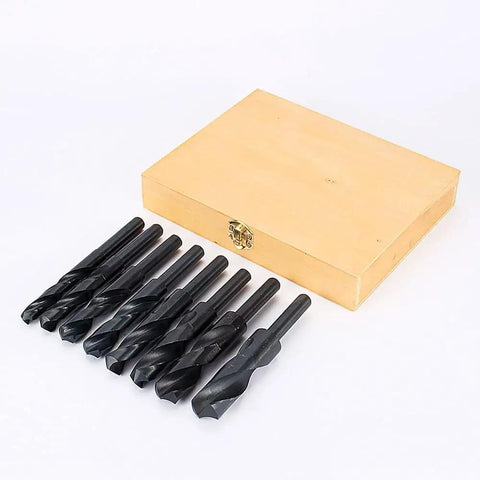 Rock Solid 8 Piece HSS Drill Bit Set 13 To 25 Millimeters High Speed Steel Reduced Shank Design in wooden box.