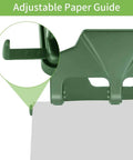 Green adjustable paper guide on heavy duty three hole punch for binder with large chip tray, 40 sheet capacity, metal paper puncher.