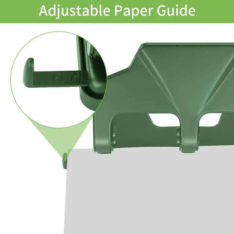 Green adjustable paper guide on heavy duty three hole punch for binder with large chip tray, 40 sheet capacity, metal paper puncher.