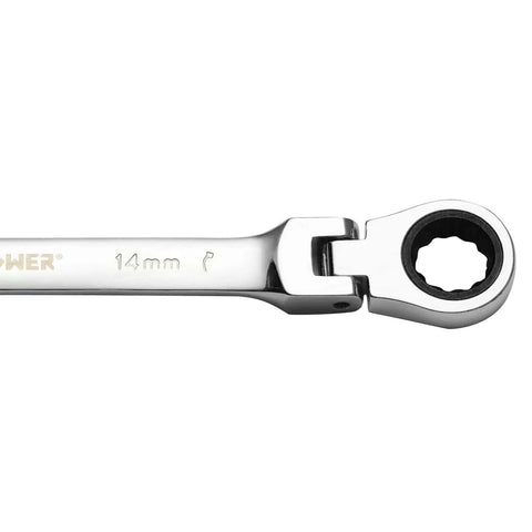 14mm Flexible Gear Wrench With 12 Point Flex Head For Tight Spaces, Industrial Grade Ratcheting Combination Wrench, Forged Cr-V Steel Chrome