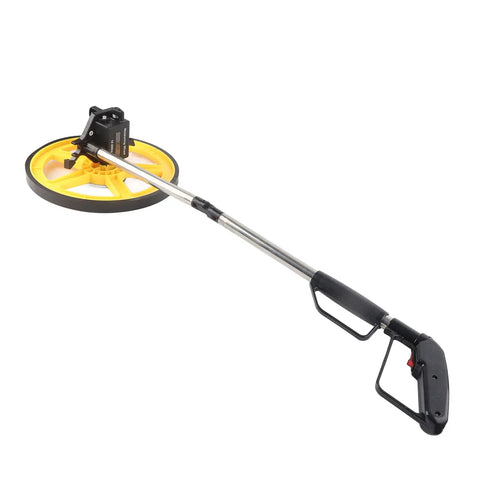 Rugged Workhorse Mechanical Range Measuring Wheel Crushing Miles And Inches Up To Ninety Nine Hundred Ninety Nine Feet with foldable grip and yellow wheel.