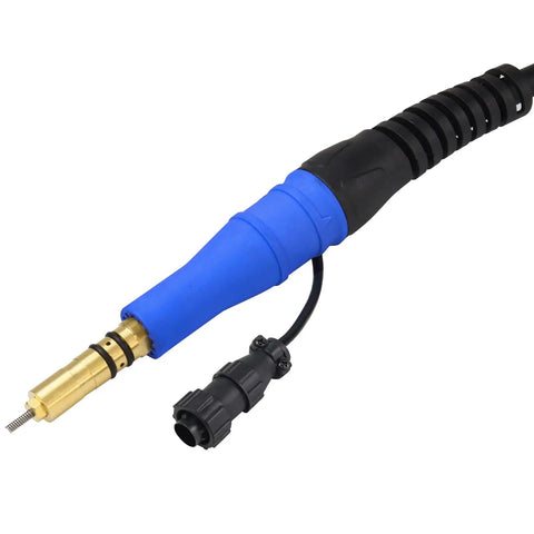 Top Notch Zinger MIG Welding Gun Torch Stinger Direct Swap For Miller M25 with blue ergonomic handle and connection fitting.