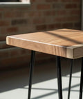 Solid Natural Wood Square Coffee Side Table With Black Hairpin Legs For Living Room Or Bedroom Handcrafted Rustic End Table showing top detail.