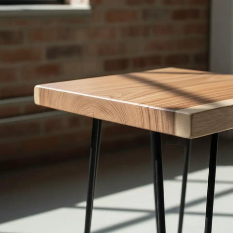 Solid Natural Wood Square Coffee Side Table With Black Hairpin Legs For Living Room Or Bedroom Handcrafted Rustic End Table showing top detail.
