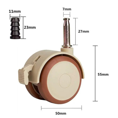 Keep It Real 2 Inch Rubber Casters With Brakes 7 mm Stem 360 Rotating Heavy Duty 132 Lbs shown with dimensions 50mm wheel diameter and 55mm height.