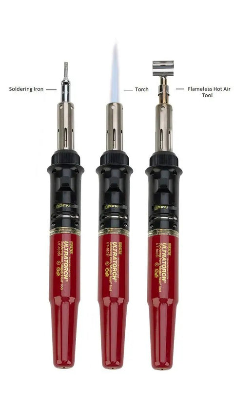 Ultratorch UT-50 Pen Sized Butane Powered 3 In 1 Heat Tool Soldering Iron Flameless Heat Tool And Pinpoint Torch shown in three modes.