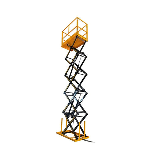 Heavy Duty Scissor Lift Operating Like A Top Shelf Workhorse With Smooth Hydraulic Stationary Drive And Auto Leveling Table To Hoist 4000 Kg Loads Without Breaking A Sweat Built Tough In Bold Orange, showcasing the elevated platform.