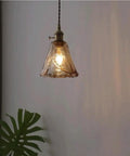 Pendant Light Amber Wavy Glass Shade Vintage Brass Hanging Lamp E26 Adjustable Cable Ceiling Fixture for Kitchen Island Bedroom Dining Room Entryway, lit soft light.