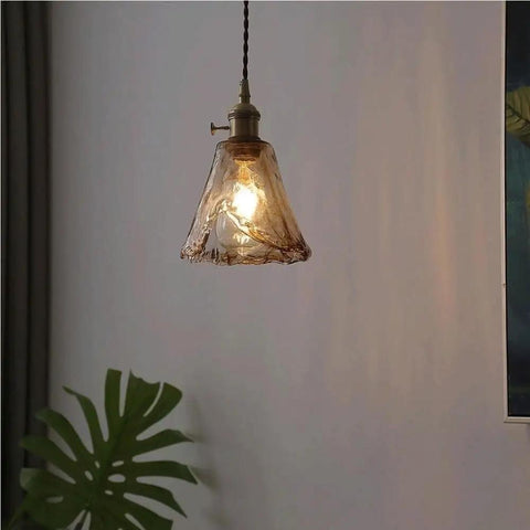 Pendant Light Amber Wavy Glass Shade Vintage Brass Hanging Lamp E26 Adjustable Cable Ceiling Fixture for Kitchen Island Bedroom Dining Room Entryway, lit soft light.