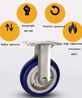 Six Inch Blue Rubber Castor Wheels With Silent 360 Degree Swivel Rotation And Heat Resistant Build For Smooth Cart Shelf Use Sweet Rolling Set Of Four. Close-up of a blue rubber caster wheel showing metal base and features.