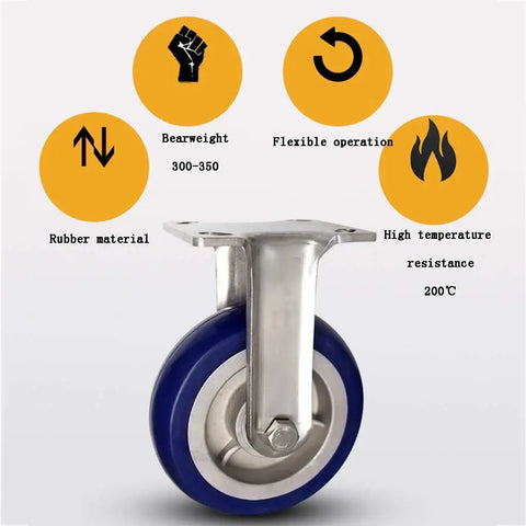Six Inch Blue Rubber Castor Wheels With Silent 360 Degree Swivel Rotation And Heat Resistant Build For Smooth Cart Shelf Use Sweet Rolling Set Of Four. Close-up of a blue rubber caster wheel showing metal base and features.