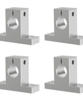 Go-To Four Pack SK10 Linear Shaft Rail Support Brackets, 10mm Diameter, Vertical Guide For CNC Machines And 3D Printers, Aluminum Finish With Oxidation Treated Surface, Includes M4 Locking Bolt And M5 Clamping Bolt, 32mm Hole Spacing, four silver brackets