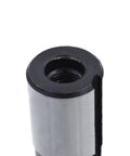 R8 shank drill chuck arbor, silver metal body with black top, close-up showing internal threads and side keyway slot