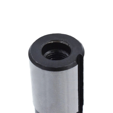 R8 shank drill chuck arbor, silver metal body with black top, close-up showing internal threads and side keyway slot