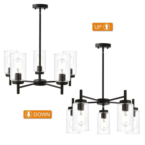 Contemporary 5-Light Large Chandelier In Oil Rubbed Bronze With Clear Glass Shades, Dimmable And Height Adjustable detail view