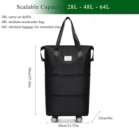 Front view of black expandable foldable wheeled duffel bag with 64L capacity and top handles.