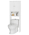 Top Shelf Over The Toilet Storage Cabinet, Slick Bathroom Space Saver Stand With Adjustable Rack And Open Cubby, Moisture Resistant White Finish, Sweet Home Upgrade above toilet with cabinet storing toiletries.