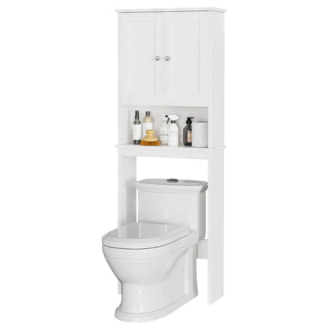 Top Shelf Over The Toilet Storage Cabinet, Slick Bathroom Space Saver Stand With Adjustable Rack And Open Cubby, Moisture Resistant White Finish, Sweet Home Upgrade above toilet with cabinet storing toiletries.