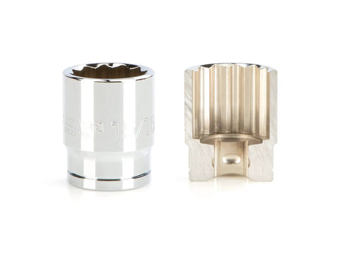 Two 1/2 Inch Drive Shallow 12 Point Sockets, showing exterior and interior, for hex and square fasteners, narrow profile for tight spaces.