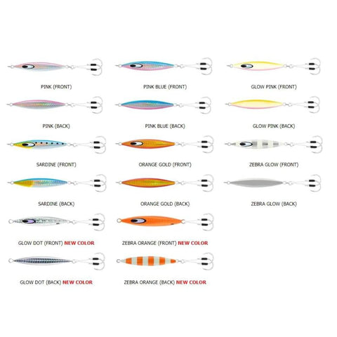 Assorted glow pink and colored slow jigging metal jigs for saltwater fishing, various views and styles with assist hooks.