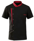Heavy Duty Unisex Chef Jacket And Lightweight Kitchen Workwear Breathable Button Down Coat With Ergonomic Slim Fit Designed For The Daily Grind Black with red accents, short sleeves, pocket for tools.