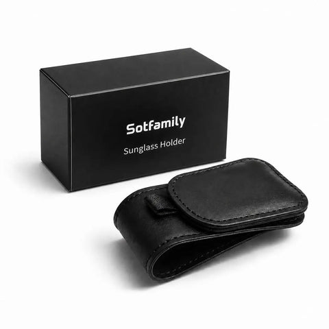 Premium Magnetic Sunglass Holder for Car Visor 2 Pack Soft Faux Leather Eyeglasses Clip with Powerful Magnet and Snazzy Look, black clip and packaging.