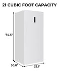Solid Heavy Duty Workhorse Upright Convertible Refrigerator And Freezer Combo With Twenty One Cubic Feet, dimensions shown, white exterior.