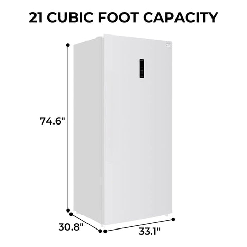 Solid Heavy Duty Workhorse Upright Convertible Refrigerator And Freezer Combo With Twenty One Cubic Feet, dimensions shown, white exterior.