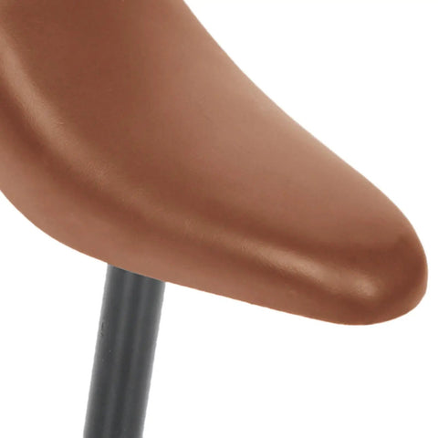 Close-up of brown Kids Balance Bike Seat Cushion Replacement Saddle with Seatpost 22mm Easy Install Soft PU Rails visible.