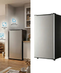 Spare Your Square Footage 3.2 Cubic Foot Upright Freezer In Classic Silver displayed in a compact kitchen corner for optimal use.