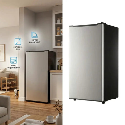 Spare Your Square Footage 3.2 Cubic Foot Upright Freezer In Classic Silver displayed in a compact kitchen corner for optimal use.