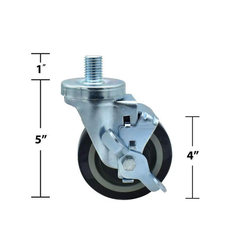 Tough As Nails 4 Inch Polyurethane Swivel Casters With Top Lock Brakes And 3/4 Threaded Stem, 300 Lb Load, acid resistant tread showcased at 5" height.