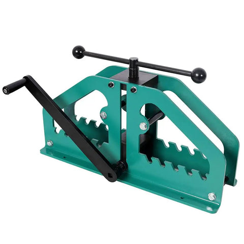 Kickstart Your Metal Fabrication Projects With This Heavy Duty Manual Tube Roller Bender. Green metal frame, ergonomic crank handle.