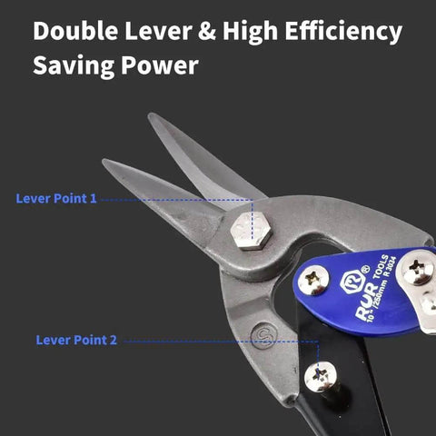 Close-up of 10 Inch Heavy Duty Tin Snips for Straight Cuts on Sheet Metal and More Chrome Vanadium Steel with dual lever points.