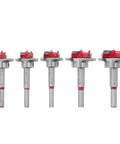 Hinge drill bit set, 5 pcs, tungsten carbide tips with red heads and 15–35 mm range.
