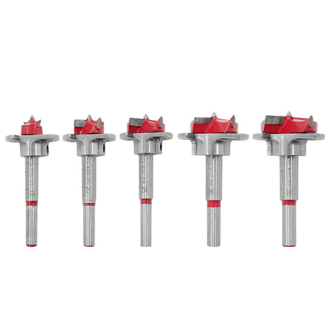 Hinge drill bit set, 5 pcs, tungsten carbide tips with red heads and 15–35 mm range.