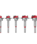 Knockout Five Piece Forstner Drill Bit Set Fifteen To Thirty Five Millimeter Tungsten Carbide woodworking hinge boring bits, shown in five sizes.