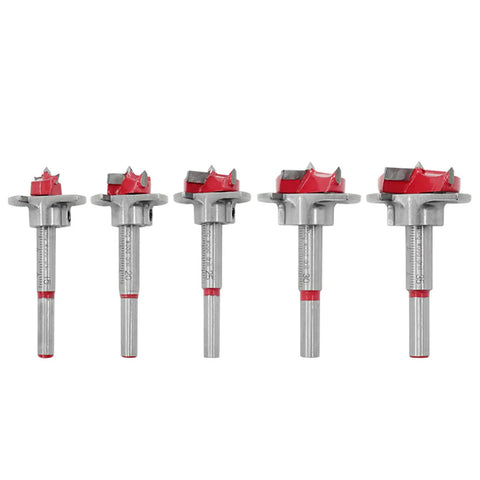 Knockout Five Piece Forstner Drill Bit Set Fifteen To Thirty Five Millimeter Tungsten Carbide woodworking hinge boring bits, shown in five sizes.