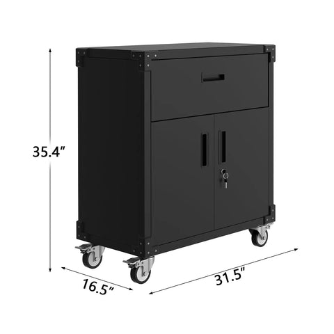 Rolling Tool Cabinet With Drawer For Garage And Workshop, Workhorse Heavy Duty Metal Storage On Wheels, Adjustable Shelves And Locks, Rust Resistant, Warehouse Grade Black Finish, 35.4 x 31.5 x 16.5 in