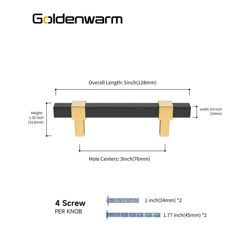 Premium Zinc Alloy Cabinet Pulls Measuring 3 Inches Long Arrive In A Solid 10 Pack Kit With A Dope Black And Gold Finish showing dimensions and screws.