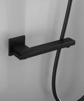 Shower System 16 Inch Square Bathroom Rain Mixer Shower Combo Set matte black wall-mounted faucet and hose attachment.
