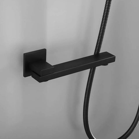 Shower System 16 Inch Square Bathroom Rain Mixer Shower Combo Set matte black wall-mounted faucet and hose attachment.