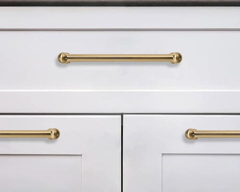 2 Pack 5 Inch Hole Center Brushed Brass Cabinet Pulls Heavy Duty Solid Zinc Alloy Handles on white kitchen cabinet
