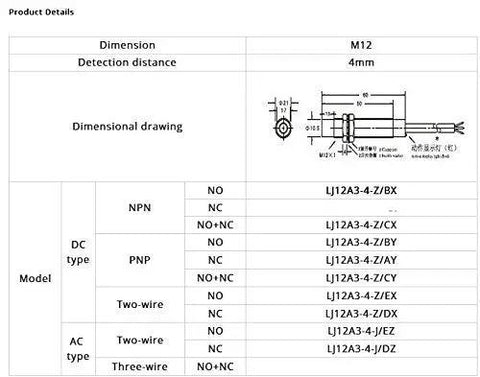 Dimensional drawing of Inductive Proximity Sensor 4mm Sensing Distance, Two Pack, NPN NC Output, DC 6 to 36V, Metal Cylinder Housing