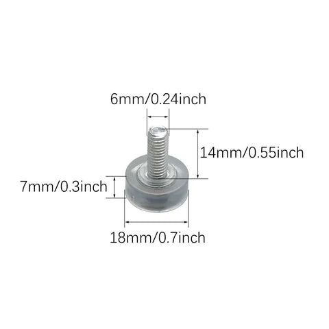 Transparent Adjustable Furniture Feet Set With Rock Solid Leveling Pads And Floor Savers For Wobble Free Tables And Chairs Smooth Grip M6 Threaded Rubber leg glide measurements shown.