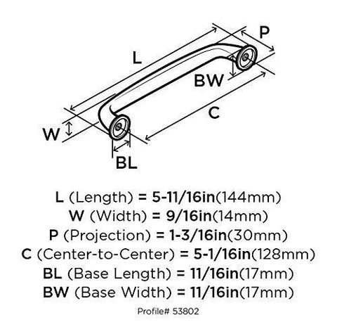 Technical diagram of Kane Black Bronze Cabinet Pull Transitional Style Drawer Handle for Cabinets and Furniture dimensions.