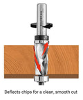 Slick Compression Flush Trim Router Bit With Top And Bottom Bearings To Nail Every Seam On Plywood Melamine And Laminate. Runs Smoother Than Silk Featuring A 3/4 Inch Diameter Plus A 1/2 Inch Shank For Flawless Wood Templating Work, cutting through wood.